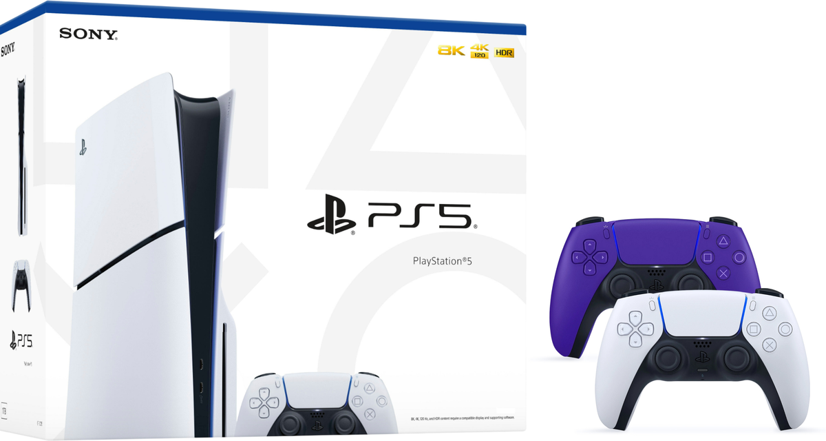 Sony PlayStation 5 Slim (1 ревизия, 2 геймпада, белый/фиолетовый)
